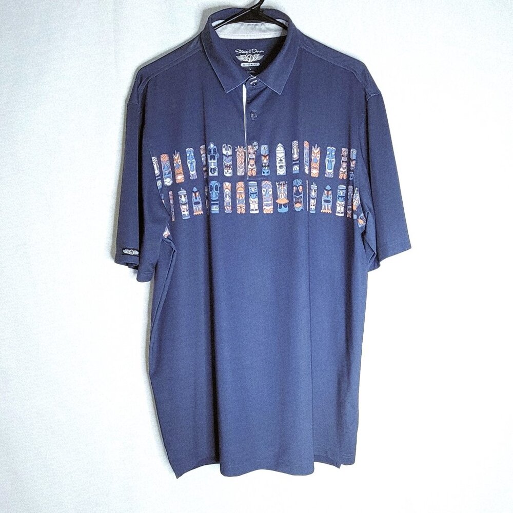 Straight Down Polo Shirt Mens Large Tiki Totem Print Blue GrayPerformance Golf
